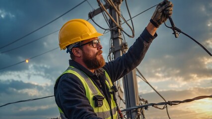 A dynamic portrait of an electrician fixing high-voltage power lines, wearing safety gear and a harness, cloudy sky background, sparks in the air