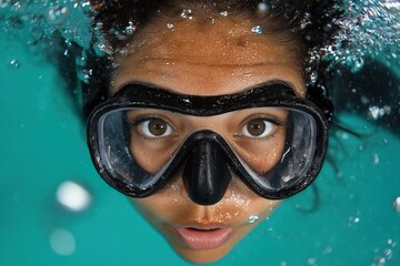 Fototapeta premium Deep underwater exploration with a diver wearing a mask and snorkel in clear waters
