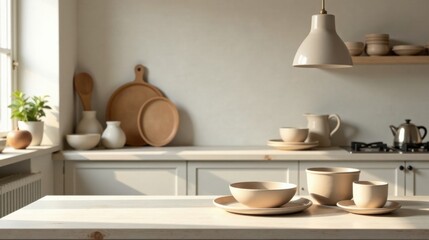 Sunlit Kitchen Table with Earthy Tone Dinnerware and Wooden Accents