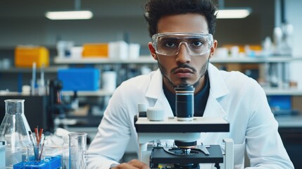 A serious scientist of mixed ethnicity examines samples with a microscope in a modern laboratory filled with scientific equipment.