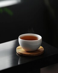 Obraz premium Steaming teacup on coaster, dark room, calm background, zen