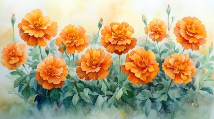 Obraz premium Watercolor painting of a row of vibrant orange marigolds in full bloom.