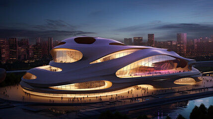 Futuristic Architectural Design at Night with City Skyline