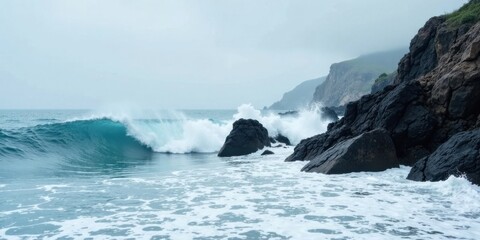 Ocean waves crashing against a rocky coastline on an overcast day, creating a dramatic seascape with powerful surge and frothy whitewater.