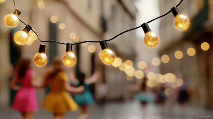 joyful festival street lined with glowing lanterns, bustling with vibrant colors and lively movement. atmosphere is filled with excitement and celebration