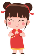 Playful Cartoon Girl in Red Chinese Dress