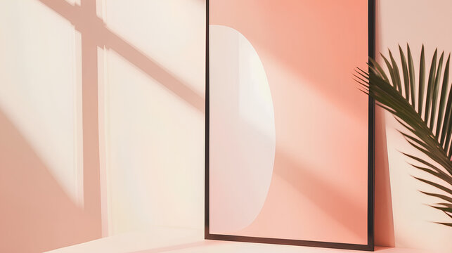 modern presentation background with a large black frame and soft pastel colors. The design features an abstract shape in shades of peach against a white backdrop - Powered by Adobe