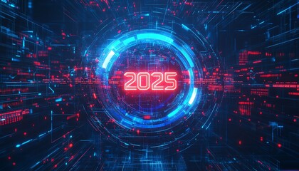 Obraz premium Glowing blue neon circuit patterns with 2025 in the center, futuristic tech visualization, digital innovation theme, sleek and vibrant, ultradetailed digital art
