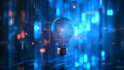 Glowing light bulb shining on a blurry blue digital background, symbolizing new ideas and technological innovation, sleek and vibrant, ultradetailed scene