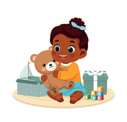 baby girl  with teddy bear and gifts, toys	