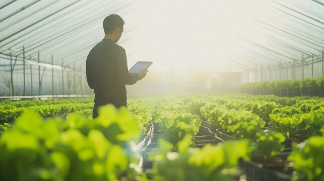 A Person Standing in a Greenhouse, Looking at a Tablet with Rows of Plants in the Foreground