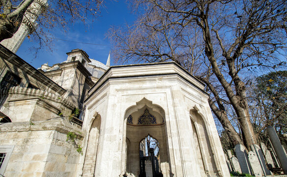 View of historical Eyup sultan mosque (cami) and tomb ( turbe) in the eyup town istanbul 