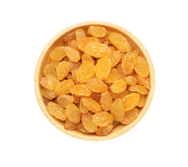 Yellow raisin in wooden bowl isolated. Top view.