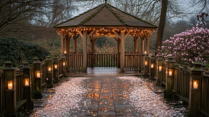 Obraz premium Wooden Gazebo Illuminated With Lights And Flower Petals