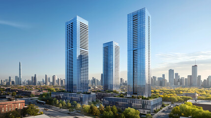 Obraz premium modern tall skyscrapers with sleek blue glass facades, reflecting the sunlight and surrounding cityscape