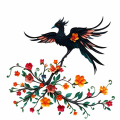 A mystical, 3D watercolor paper quilling art piece depicts a dark fantasy bird