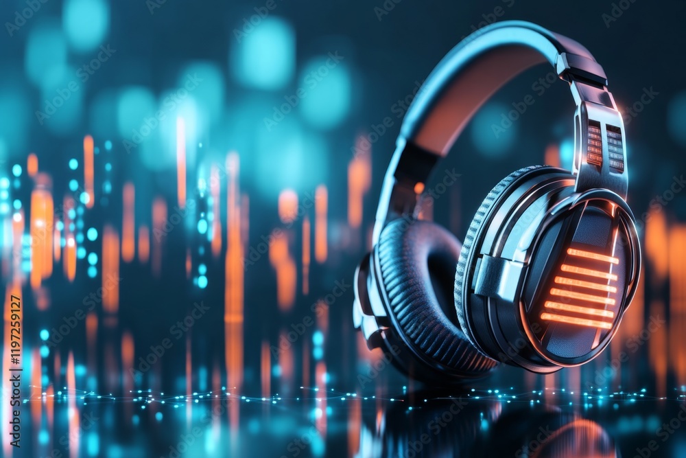 Poster A flat design of a headset and microphone icon with abstract digital signal lines, symbolizing VoIP technology