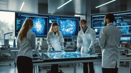 A diverse group of scientists collaborate in a state-of-the-art laboratory, analyzing data on a futuristic touchscreen interface.