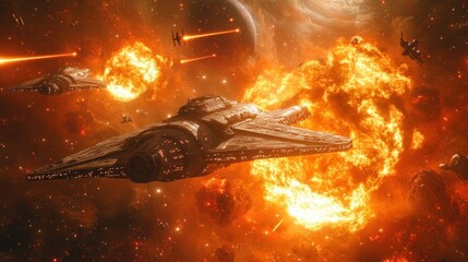 Fiery space battle with exploding ships and fighters amidst nebula.