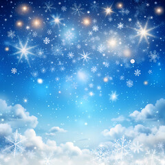 Magical Winter Sky Background Sparkling Snowflakes Festive Design Holiday Blue Clouds icy art cold  