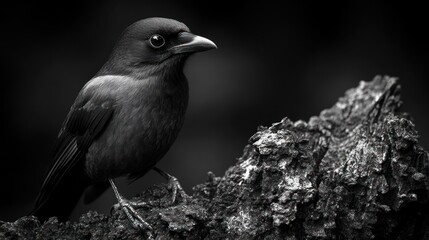 Monochrome bird perched on wood, dark background