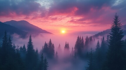 Obraz premium Majestic sunset over misty mountain valley with silhouetted evergreen trees.