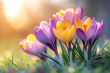 Fototapeta premium Purple and yellow crocuses blooming in the spring sunshine