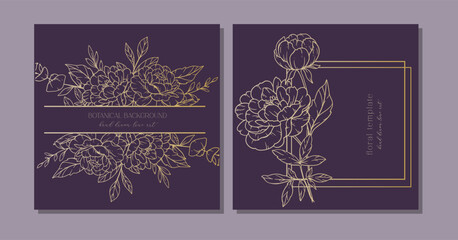 Peony Flowers Outline. Line Art Peonies. Gold Botanical Background with trendy minimalist peonies. Luxury Floral Line Art Illustration. © Xenia