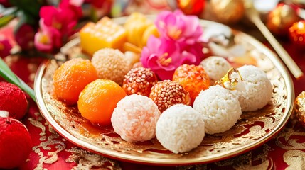 A decorative platter of colorful traditional sweets, often enjoyed during festive celebrations.