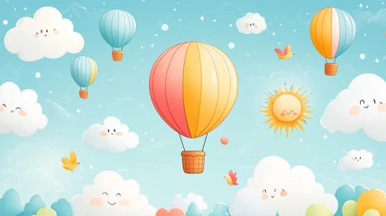 Cute cartoon drawing with balloons, clouds and cappuccino on a light blue background. vector wallpapers for kids. A fun, cute scene in the sky with flying objects, sun rays, cupcakes, birds and cloud 