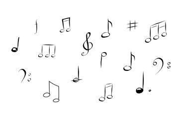 Music note hand drawn sketch silhouette, cute doodle melody. Line music elements. Simple marks, sound.