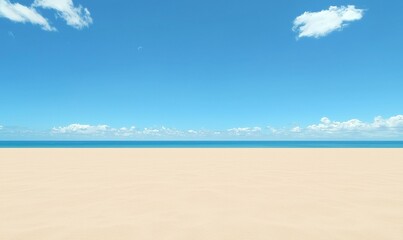 Fototapeta premium Empty sandy beach, tranquil ocean, blue sky, sunny day, ideal for travel ads