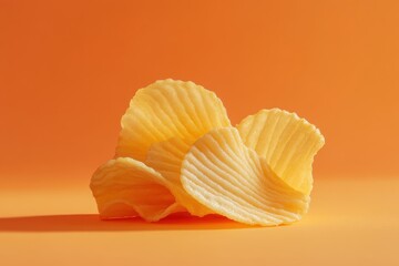 A stack of crispy potato chips on an orange background, showcasing their wavy texture and golden color.