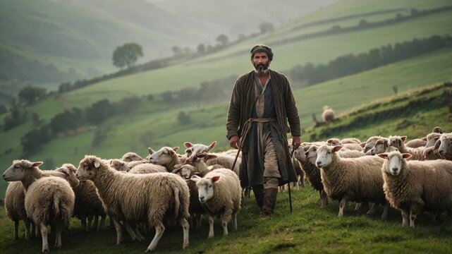 A peaceful portrait of a shepherd guiding a flock of sheep through green hills, wearing rustic clothes and a staff, early morning mist