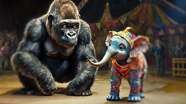 An and gorilla. Monkey, gorilla, baby elephant, small, circus,. Small baby elephant in circus. Small baby elephant monkey and gorilla in a circus. The image is a painting of a gorilla and lifestyle a.