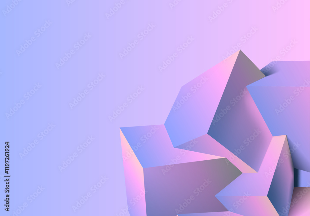 Poster Abstract 3D background with mix of cubes. Geometric shapes intersecting in violet and pink y2k styled background