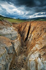 Dramatic Landscape View of Deep Crack in Earth Under Stormy Sky