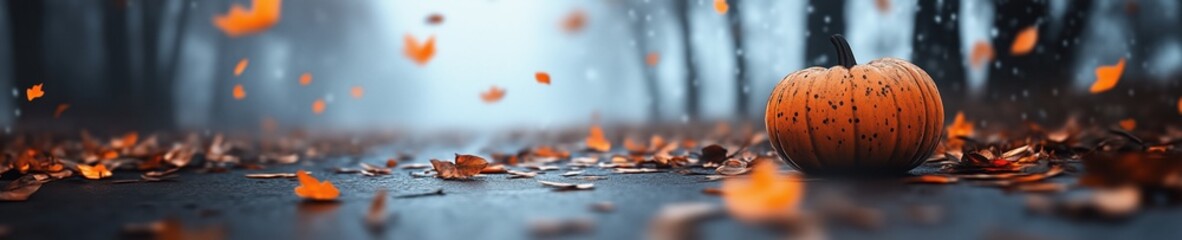 Vibrant autumn landscape with fallen leaves and a pumpkin on the road at dusk