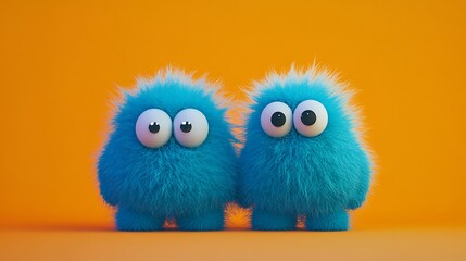 Fototapeta premium Adorable fuzzy azure monsters on an orange backdrop