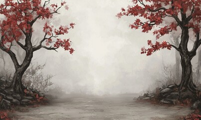 Fototapeta premium Misty path through red autumn trees in a tranquil forest