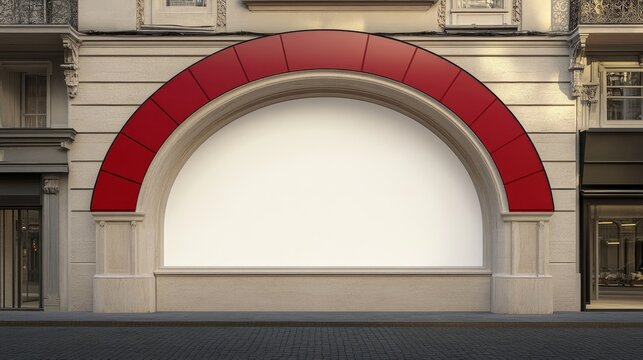 Parisian storefront facade with empty arched display, city street background, ready for advertisement