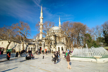 Obraz premium Square view of historical Eyup sultan mosque (cami) in the eyup town istanbul 