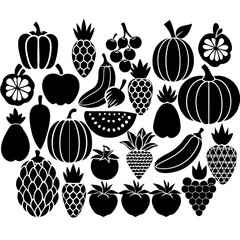 A collection of silhouette icons of various fruits and vegetables is arranged in rows 