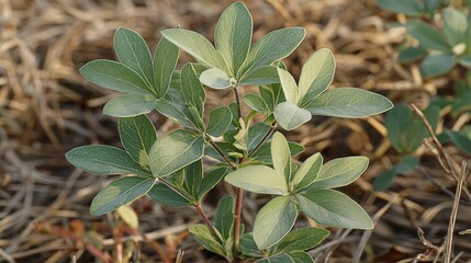 Obraz premium green leaves with smooth edges on a plant, illuminated by the morning sunlight, evoking a sense of growth. Christina leaves 