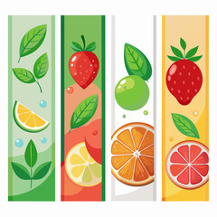 Four vertical banners showcase different fruit flavors: strawberry, mint, grapefruit, and lemon, with realistic fruit illustrations and water droplets with white background