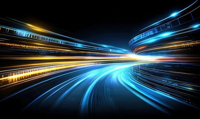 Obraz premium Speeding light trails on curved highway at night with digital data stream