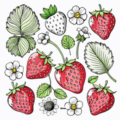 A collection of detailed line drawings of strawberries, including whole berries, halves, leaves, and flowers with white background.