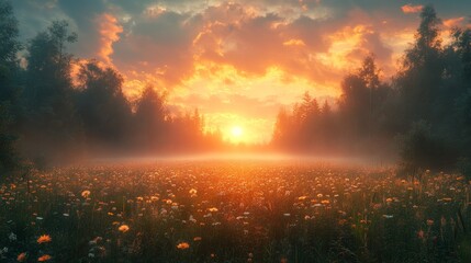 Obraz premium Misty sunrise over a field of wildflowers.