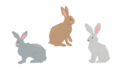 Obraz premium Set of Cute Rabbits in Flat Style. Bunnies Drawn in Different Poses. Farm animals, agriculture. Vector design isolated on white background