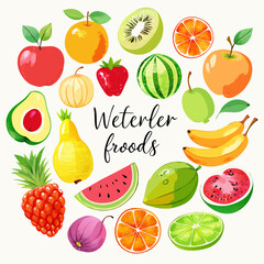 A collection of watercolor paintings of various fruits surrounds the text 